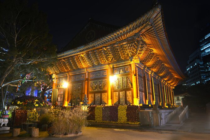 Night Flexible Private Guided Tour in Seoul(Optional Layover) - Jogyesa Temple beneath lanterns and lotus flowers